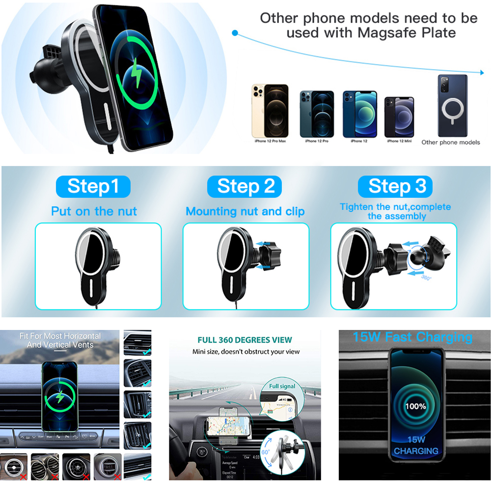15W Car Mount Magnetic Wireless Magsa-fe Charger for iPhone 12, Mag Safe Charger Car Mount for iPhone 12 Mini, Car Wireless Charger Mount Secure Air Vent for iPhone 12 Pro/12 Pro Max/12 Mini - image 2 of 10