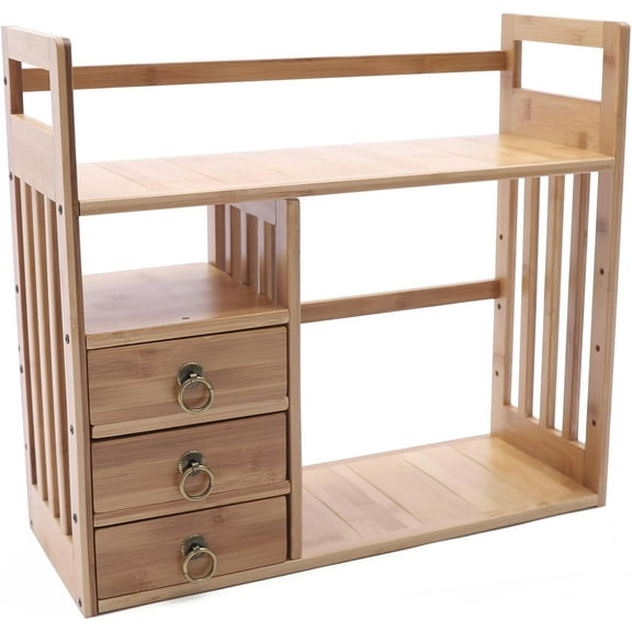 Bamboo Desktop Bookshelf Organizer Counter Top Bookcase Office Desk Storage Display Shelf Rack with 3 Drawers for Office Supplies Kitchen Bathroom Makeup for Bedroom Living Room White