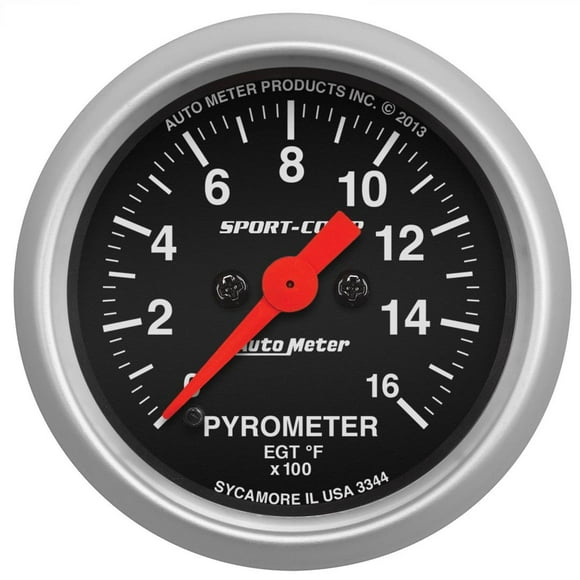 AutoMeter Gauge Pyrometer 3344 Sport-Comp; 2-1/16 Inch; Full Sweep Electric; 0-1600 Degrees F; Analog; Black Face/Brushed Bezel/Orange Needle; Illuminated; Includes Probe/10 Foot Thermocoupler Wire