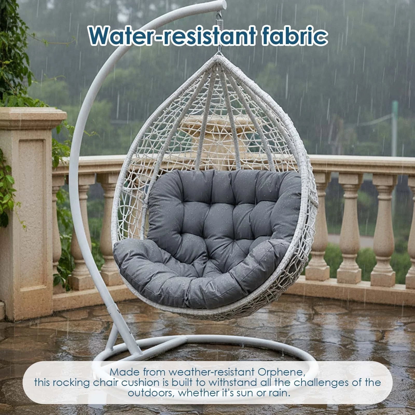 TOPCHANCES Egg Chair Cushion Only, Water-Resistant Outdoor Rocking Chair Cushion, Thick Papasan Seat Cushion with Ties for Patio, Porch, Balcony, Garden (Gray)