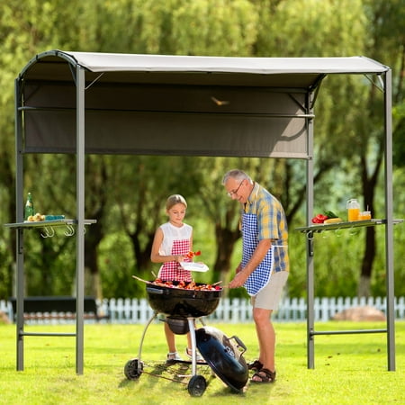 7' x 4.5' Grill Gazebo, Outdoor BBQ Canopy with Side Awning, Steel Double Tiered Grill Canopy Tent with Shelves and Hooks for Patio and Backyard, Gray
