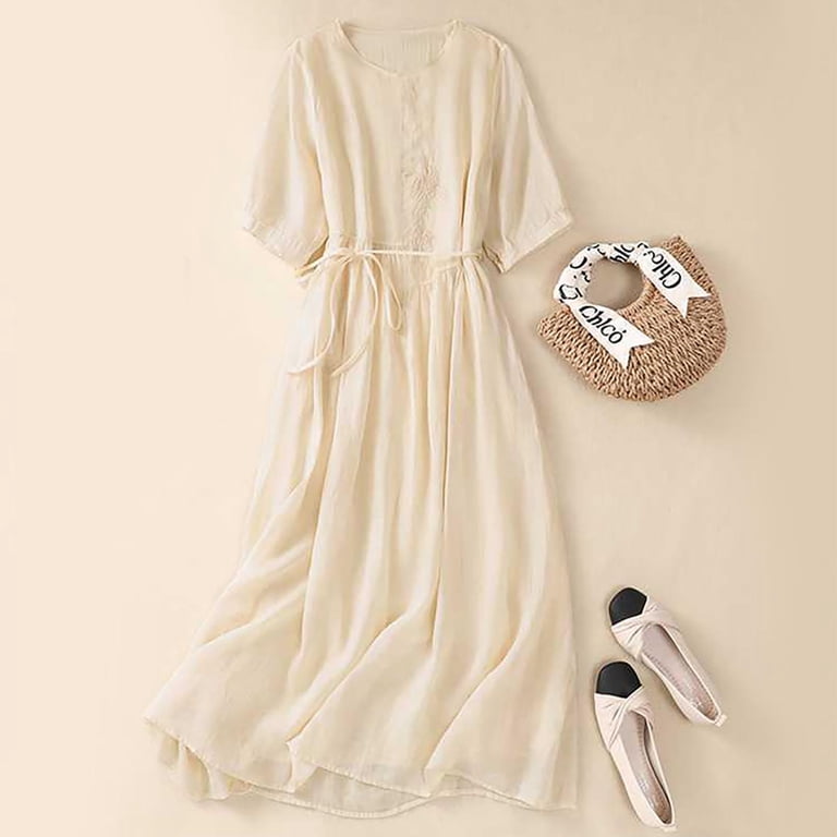 knee length dresses for ladies Womens Linen Shirt Dress in White