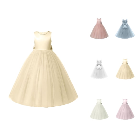 Elegant V-Back Satin Dress for Girls, Formal Flower Girl Gown for Wedding Birthday Party, Toddler Communion Dress with Bow Sash