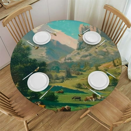 

Patifu Mountain Cows Horses Round Table Cover Stain Resistant Washable Indoor Outdoor Tablecloth Kitchen Dining Wedding Parties 100% Polyester Fiber 46-50