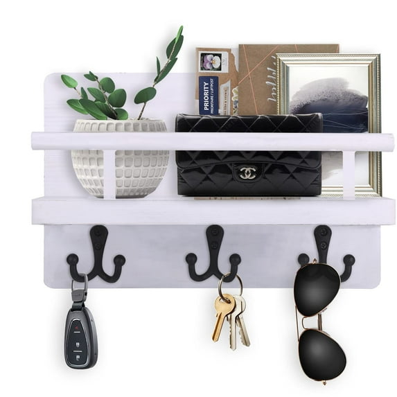 YIHATA Key and Mail Holder for Wall Hooks Key Hanger for Wall with Shelf Wood Wall Shelf with Hooks for Wall Decorative Retro Hanging Organizer Rustic Farmhouse Decor for Entryway (White)