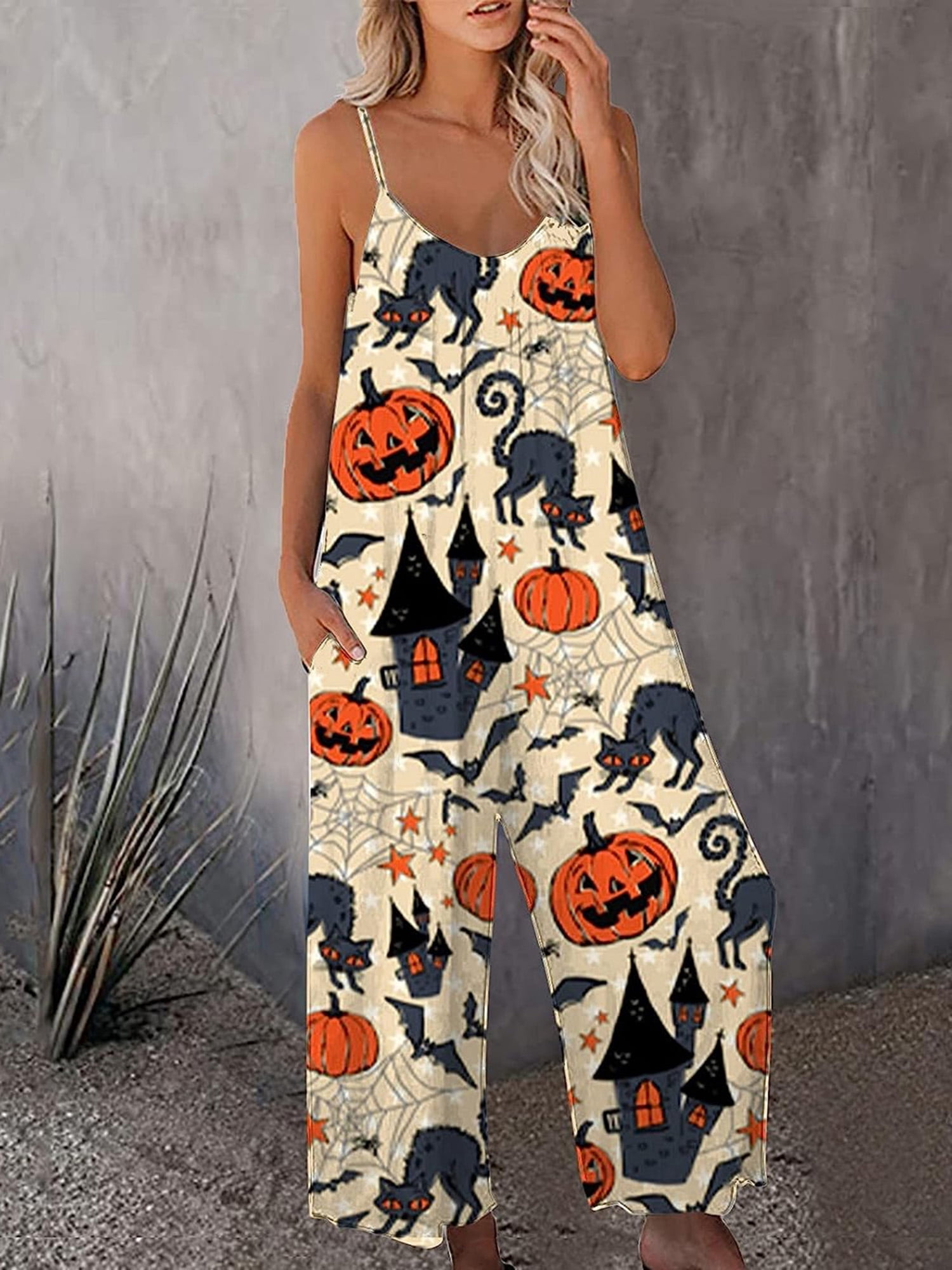 Women's Halloween Strap Jumpsuit Sleeveless One Piece Pumpkin Bat Cat Romper Playsuit Spaghetti Strap Baggy Overalls Pants