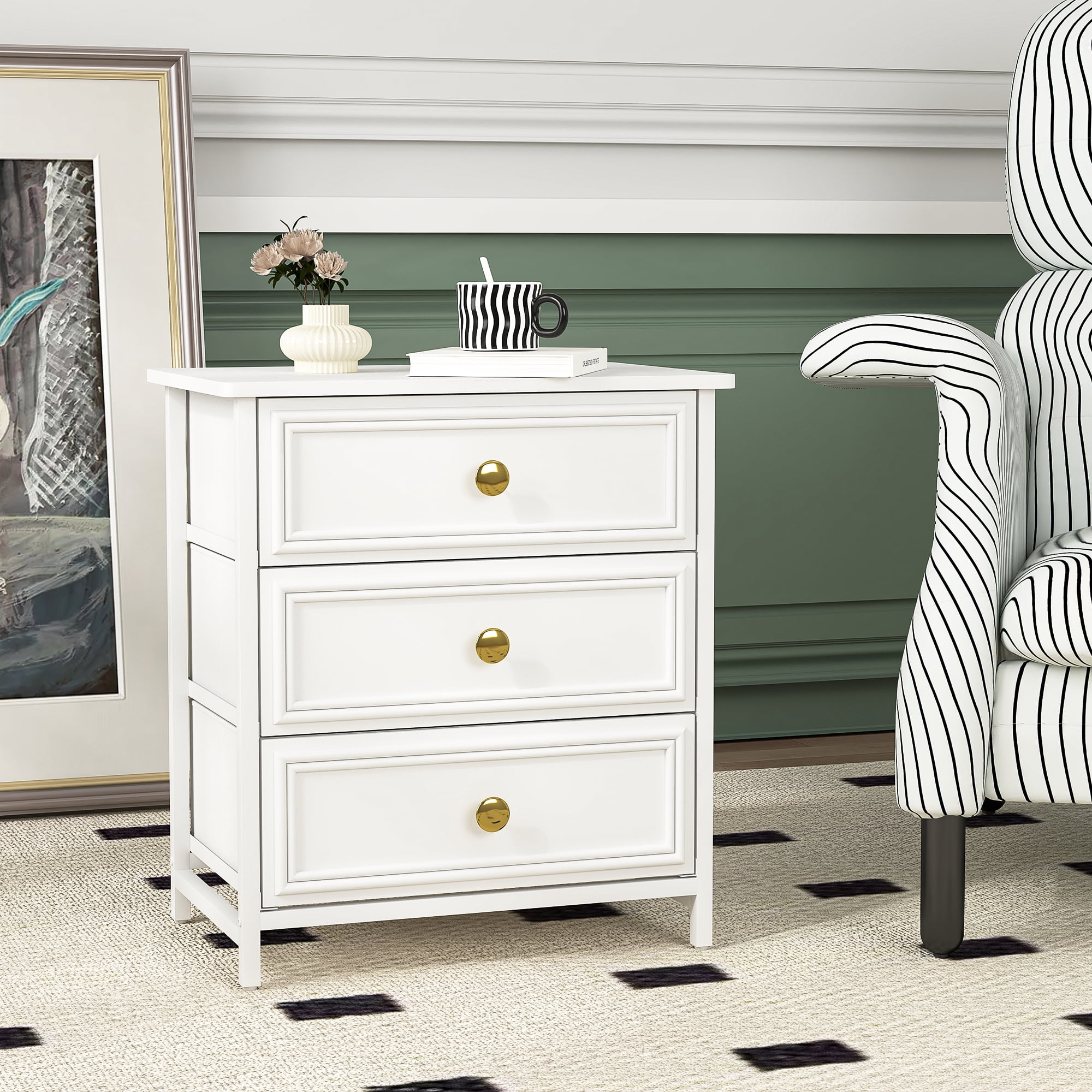Modern White Resenkos 2-Drawer Wood Nightstand Set, Bedroom Side