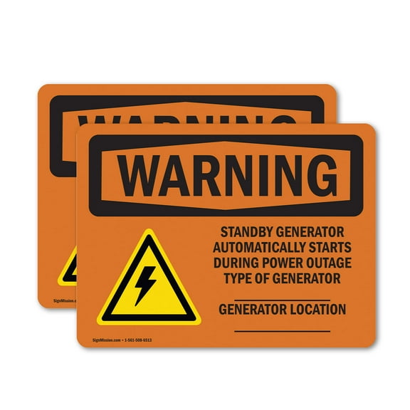 (2 Pack) Standby Generator Automatically With Symbol OSHA Warning Sign 14 Inch X 10 Inch Vinyl Label Decal Sticker Weather Resistant, UV Protected for Workplace, Business, and