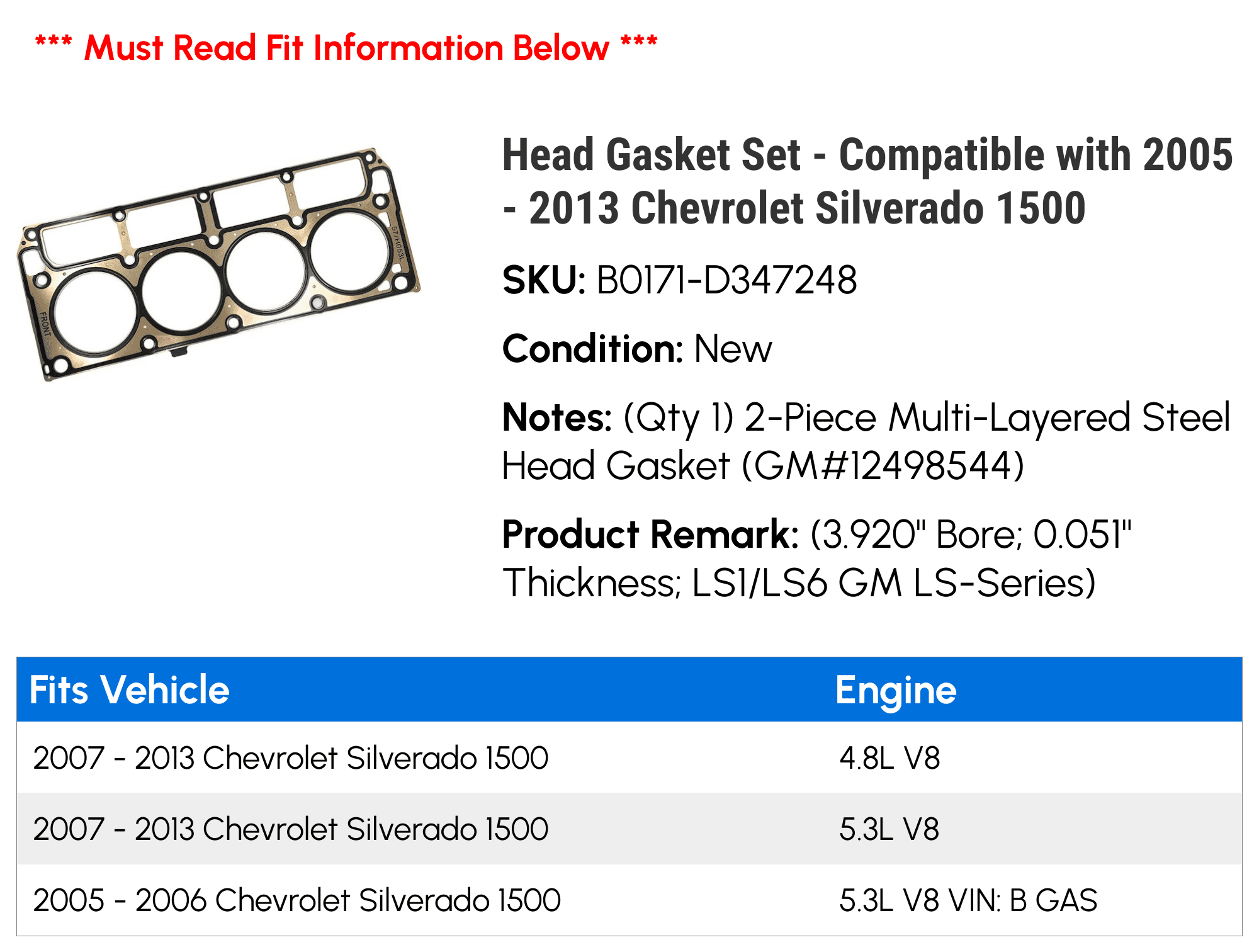 Head Gasket Set - Compatible with 2005 - 2013 Chevy Silverado 1500 2006 2007 2008 2009 2010 2011 2012