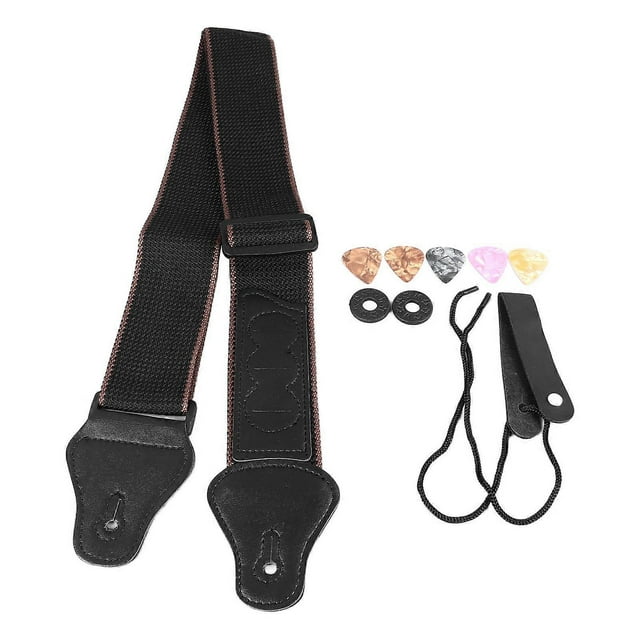 Sangle de guitare réglable en coton au design vintage avec boutons et médiators pour guitare électrique, acoustique, basse, ukulélé, noir