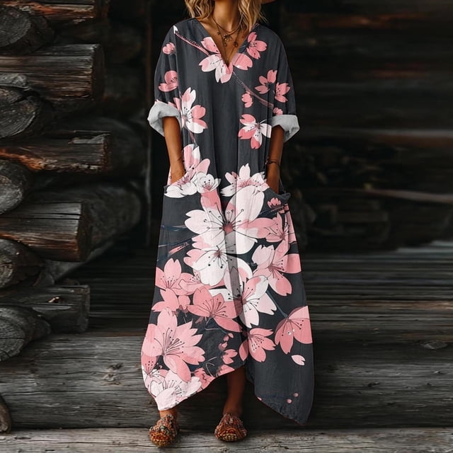 Heisall 2026 Spring Summer Boho Floral Printed Linen Maxi Dress V Neck Batwing Sleeve Oversized Kaftan Dresses with Pockets