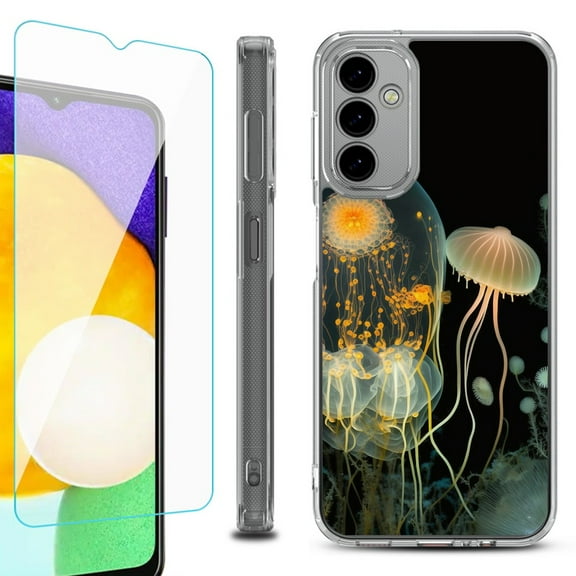 Shockproof Bumper Phone Case for Samsung Galaxy A14 5G, with Tempered Glass Screen Protector, by OneToughShield ® - Jellyfish