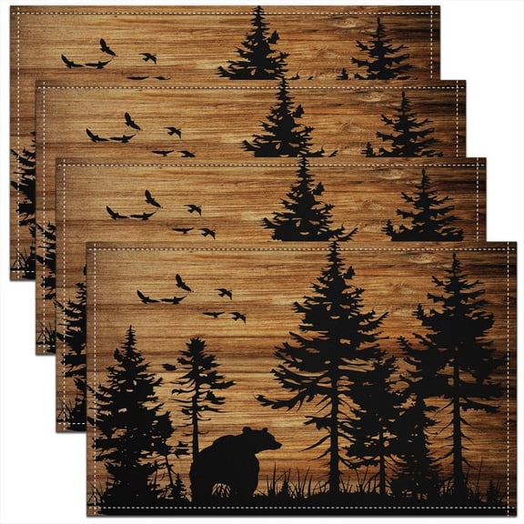 Bear Placemats Set of 4 12"x18" Rustic Cabin Country Placemats for Dining Table Indoor Outdoor Kitchen Adults Vintage Brown Wood Table Mats Placemat Decor Table Place Mats Kitchen Dining Table