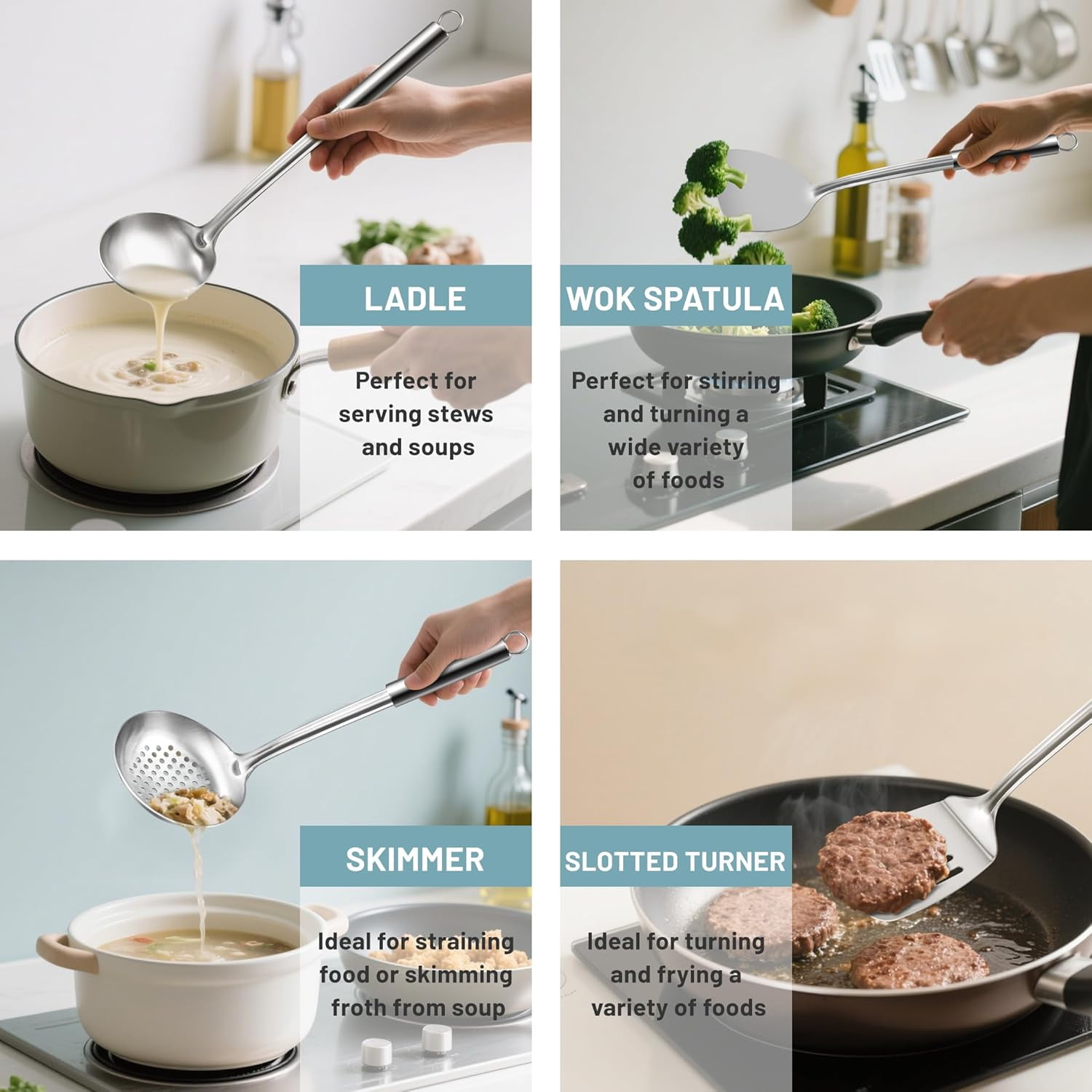 Mirdinner Cooking Utensils Set, 9 Pcs Stainless Steel Kitchen Utensils Set, Kitchen Tools Set, Spatula Sets w Utensil Holder, Wok Spatula,Ladle,Egg Whisk,Non-Stick And Heat Resistant, Dishwasher Safe