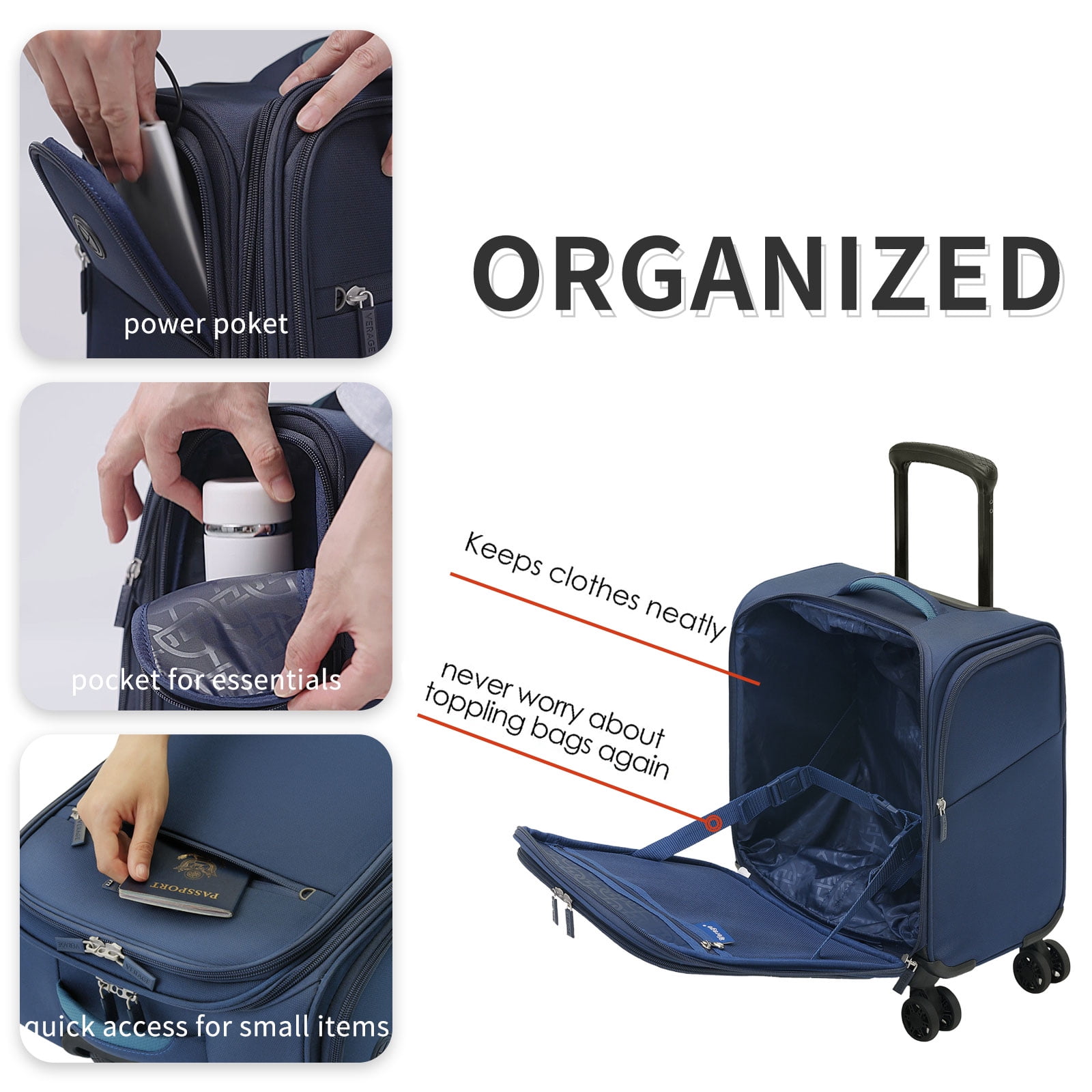 VERAGE Underseat Carry on Luggage with spinner Wheels & USB Port,Bag for Airlines, Lightweight Suitcase for Men Women, Pilots and Crew, Navy (14-Inch)