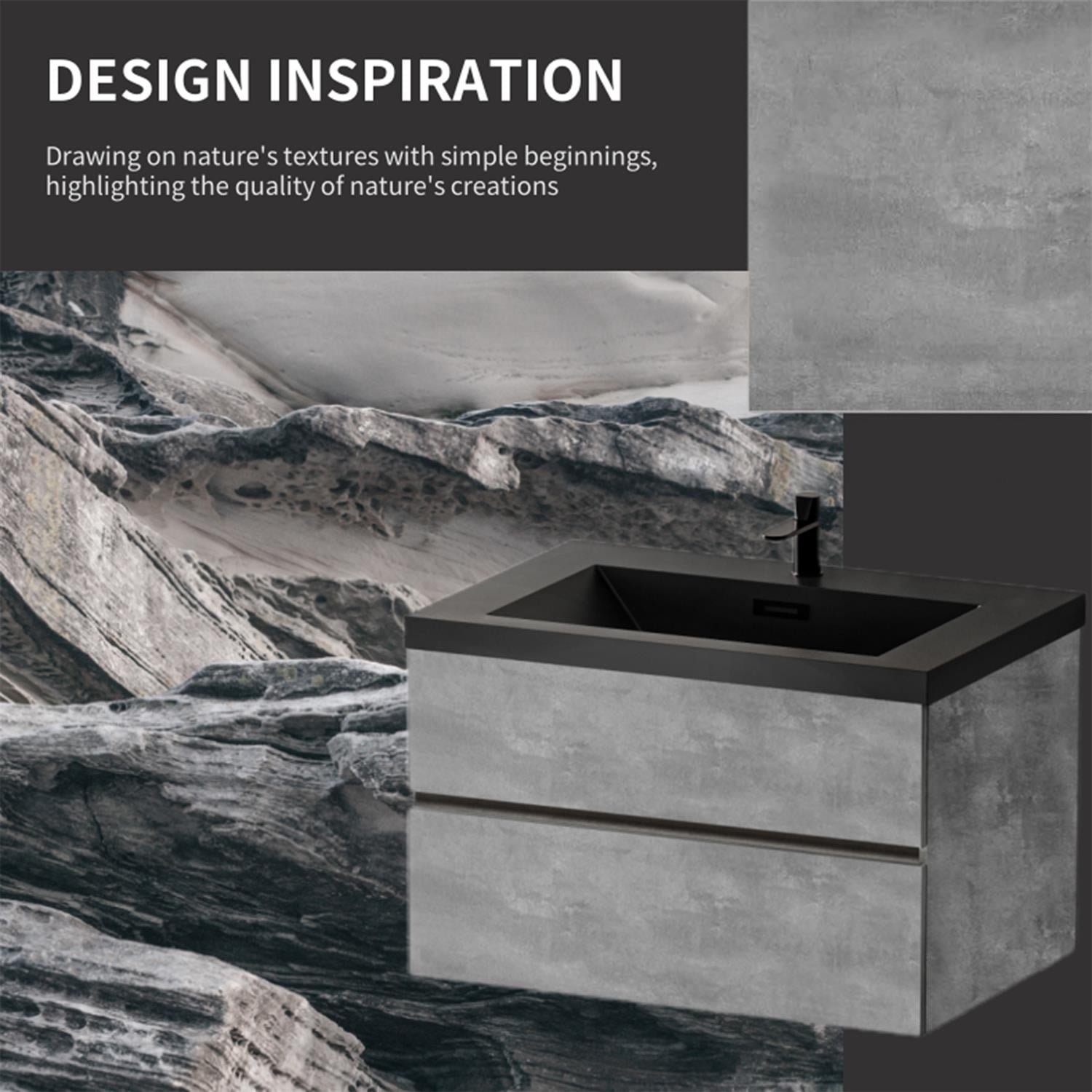 Demi Bonn 35" Floating Bathroom Vanity with Sink, Black Quartz Sand Top Basin and 2 Soft Close Drawers, Faucets and Drains Not Included, Gray