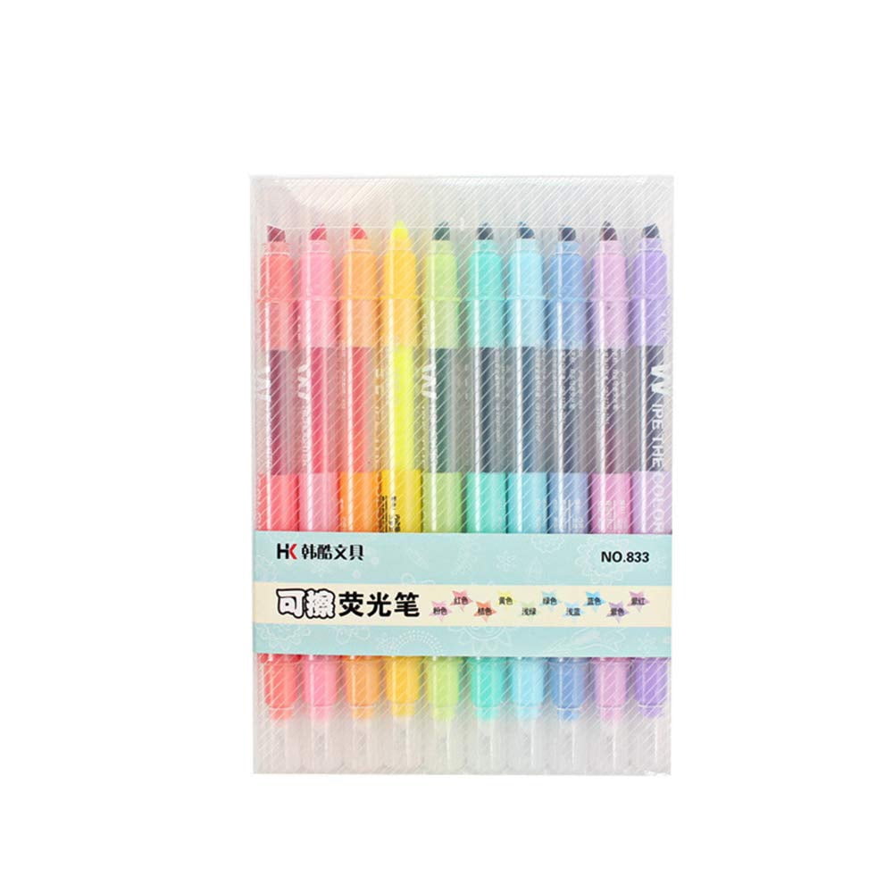 SagaSave 10Pcs Plastic Double End Highlighter Erasable Markers Pens with Storage Boxes Stationery Assorted Colors