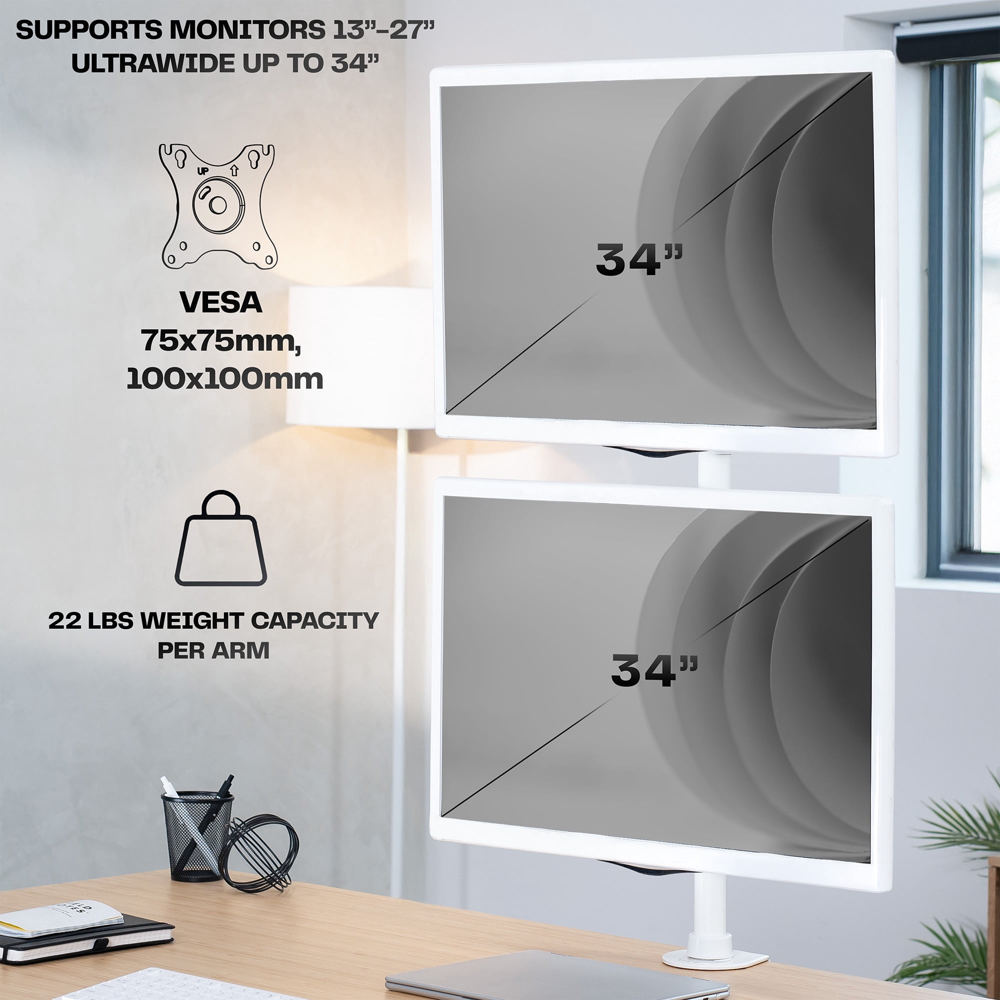 VIVO White Dual Computer Monitor Desk Mount, Vertical Array, 2 Screens up to 34"