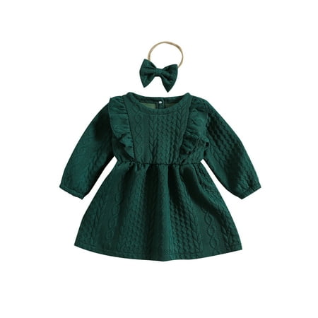 

Toddler Baby Girls Dress Set Long Sleeve Crew Neck Patchwork Solid Fall A-line Dress with Bowknot Headband