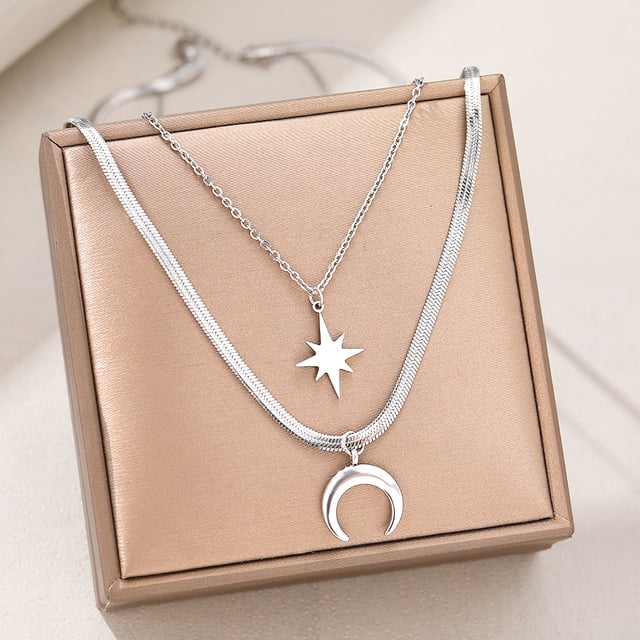 Collar de Acero Inoxidable Casa de los Tesoros Nuevo Diseño Luna Estrella Serpiente Hoja Multicapa