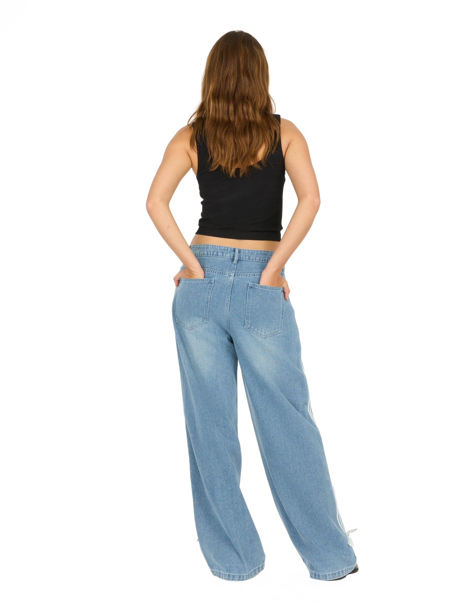Forever 21 Women's Low Rise Baggy Fit Jeans with Side Stripes and Bow Accents, Sizes 0-14