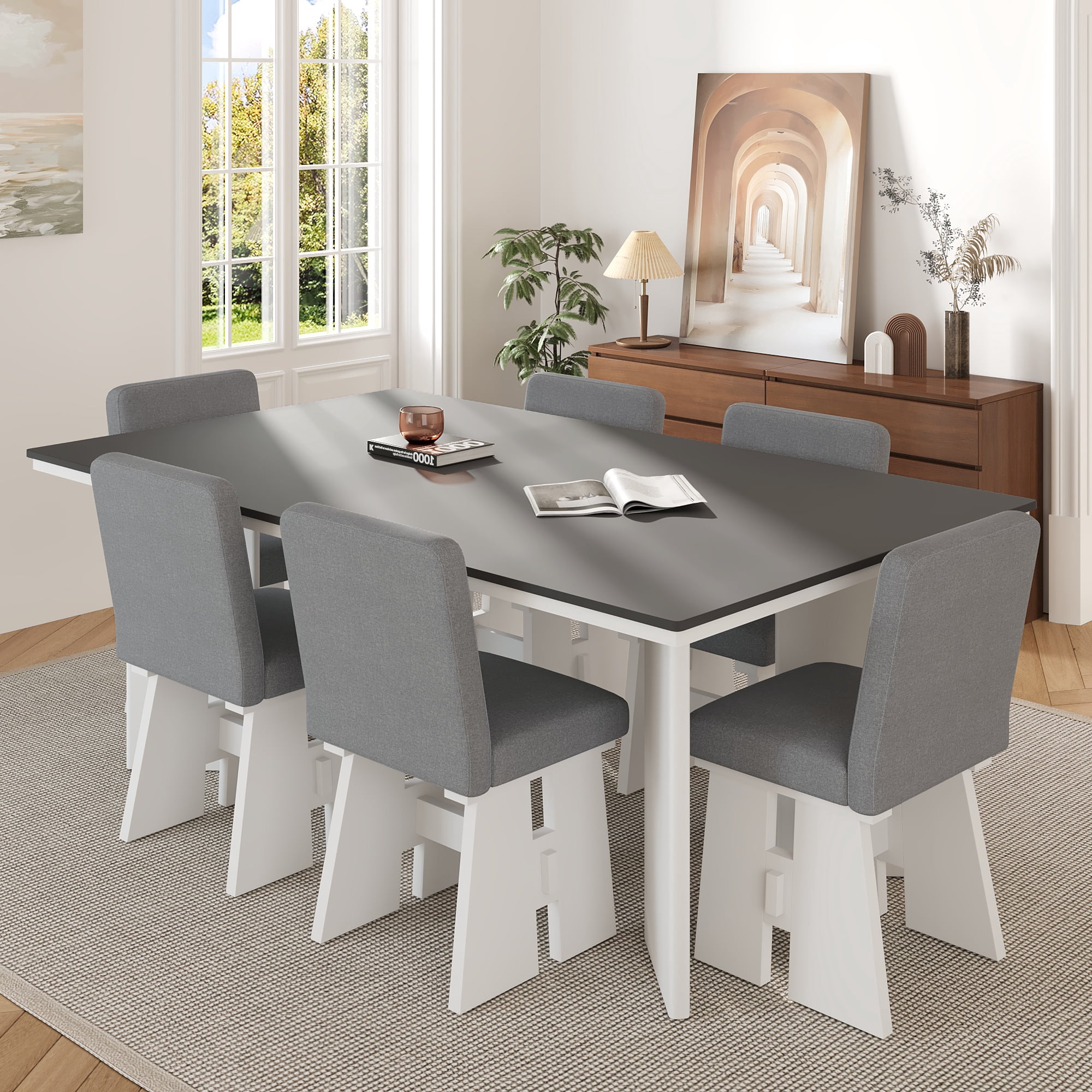 MAYEERTY Modern 7-Piece Dining Table Set with 6 Upholstered Chairs, Dark Gray,White