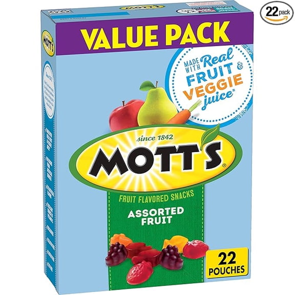 Mott's Fruit Flavored Snacks, Assorted Fruit, Gluten Free Snack, Value Pack, 22 Pouches, 17.6 oz