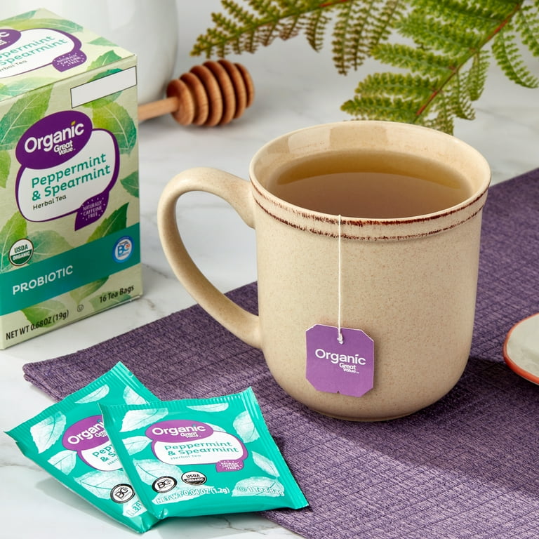 Great Value Organic Peppermint & Spearmint Probiotic Herbal Tea, 0.68 oz, 16 Ct