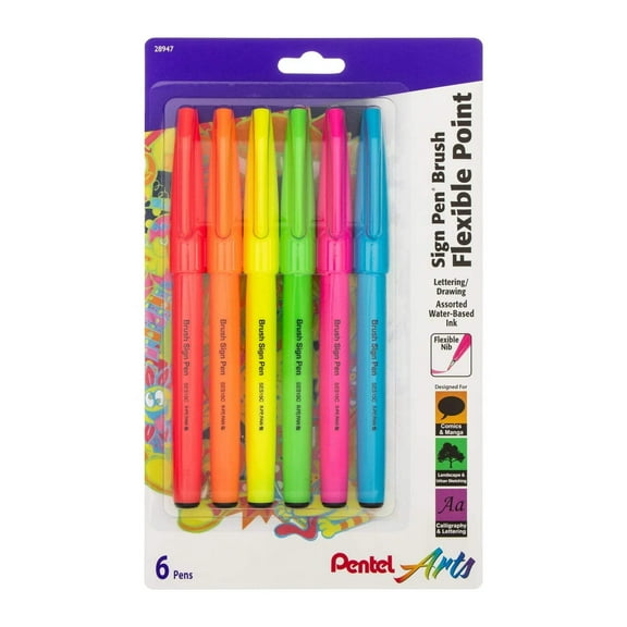 Pentel Arts Sign Pen Brush Tip, Assorted Fluorescent Colors, 6-Pk