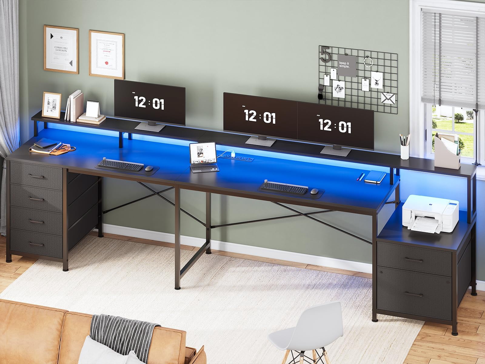 L Shaped Desk with File Drawer & Power Outlet, 108" Home Office Desk with 6 Drawer, Corner Computer Desk with Monitor Shelf, File Cabinet, Two Person Desk, Gaming Desk with Led Lights, Black