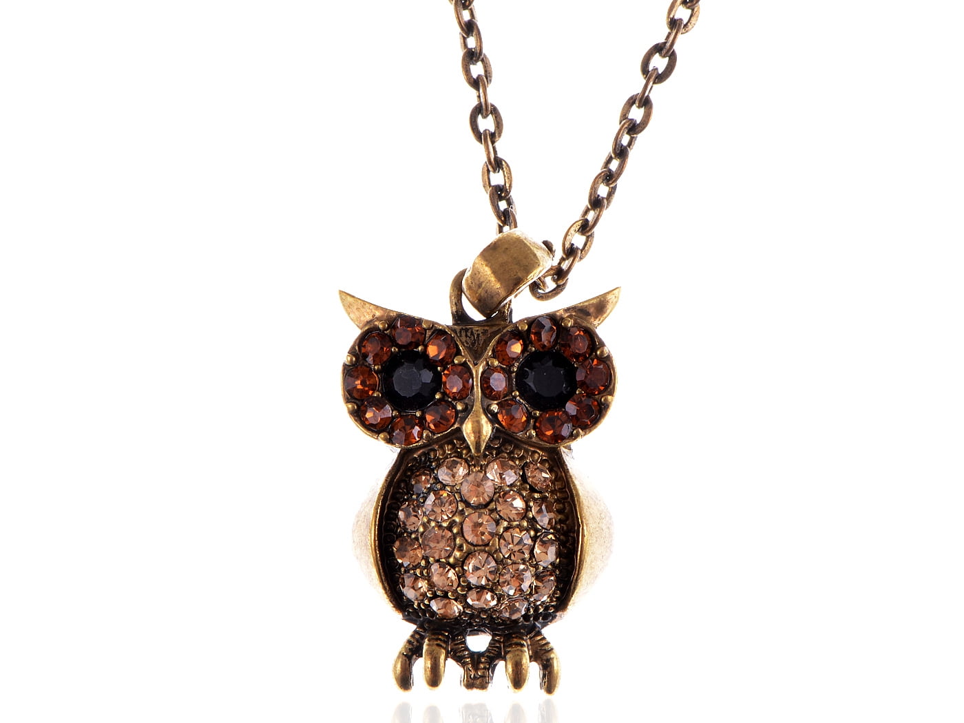 Owl Pendant Necklace Vintage Gold Tone Orange Topaz Crystal Rhinestones Mr