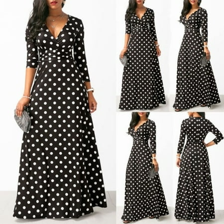 - Women sexy low-cut slim white dot boho V-neck party cocktail party long dress