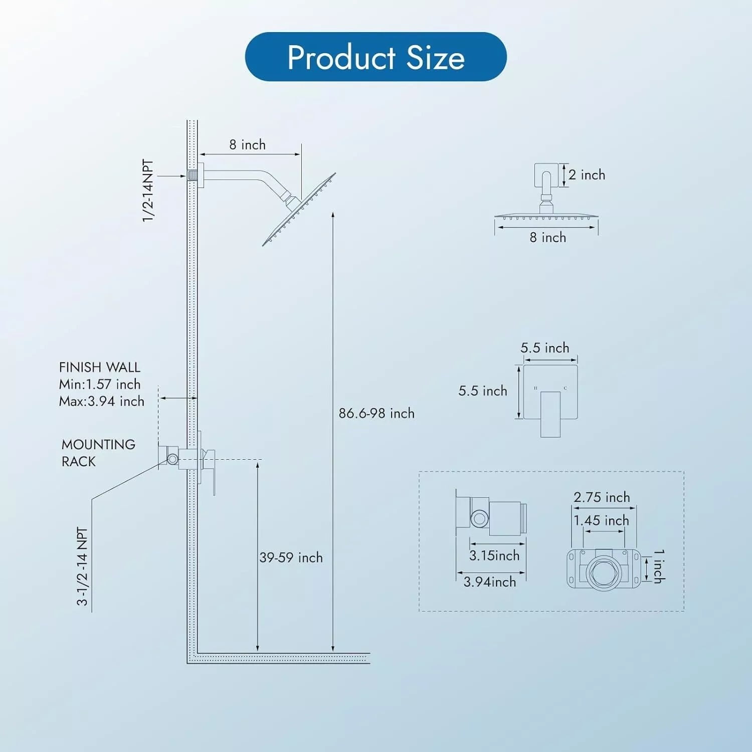 Shower Faucet Set Black Rain Shower Head Combo with Mixer Valve Kit Wall Mounted, Stainless Steel, Matte Black Finish