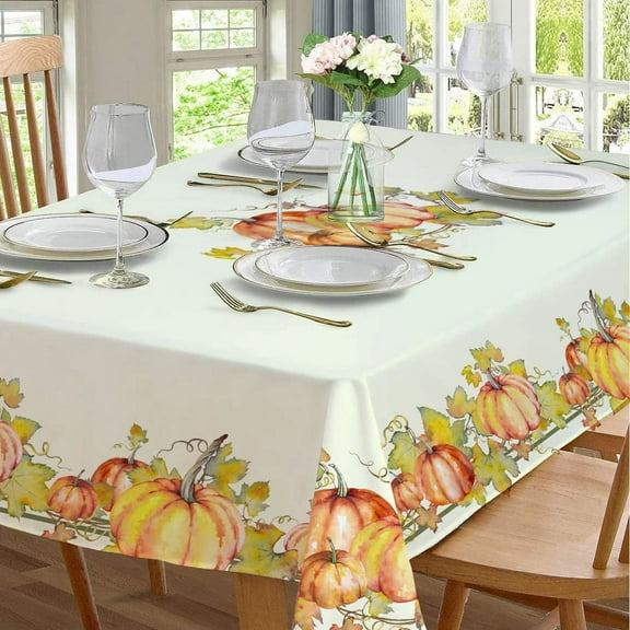 Fall Pumpkin Tablecloth Rectangle 60 x 84 inch Table Cloth Cute AutmnTropical Flower Indoor or Outdoor Holiday Palm Leaves Table Decorations for Dinner