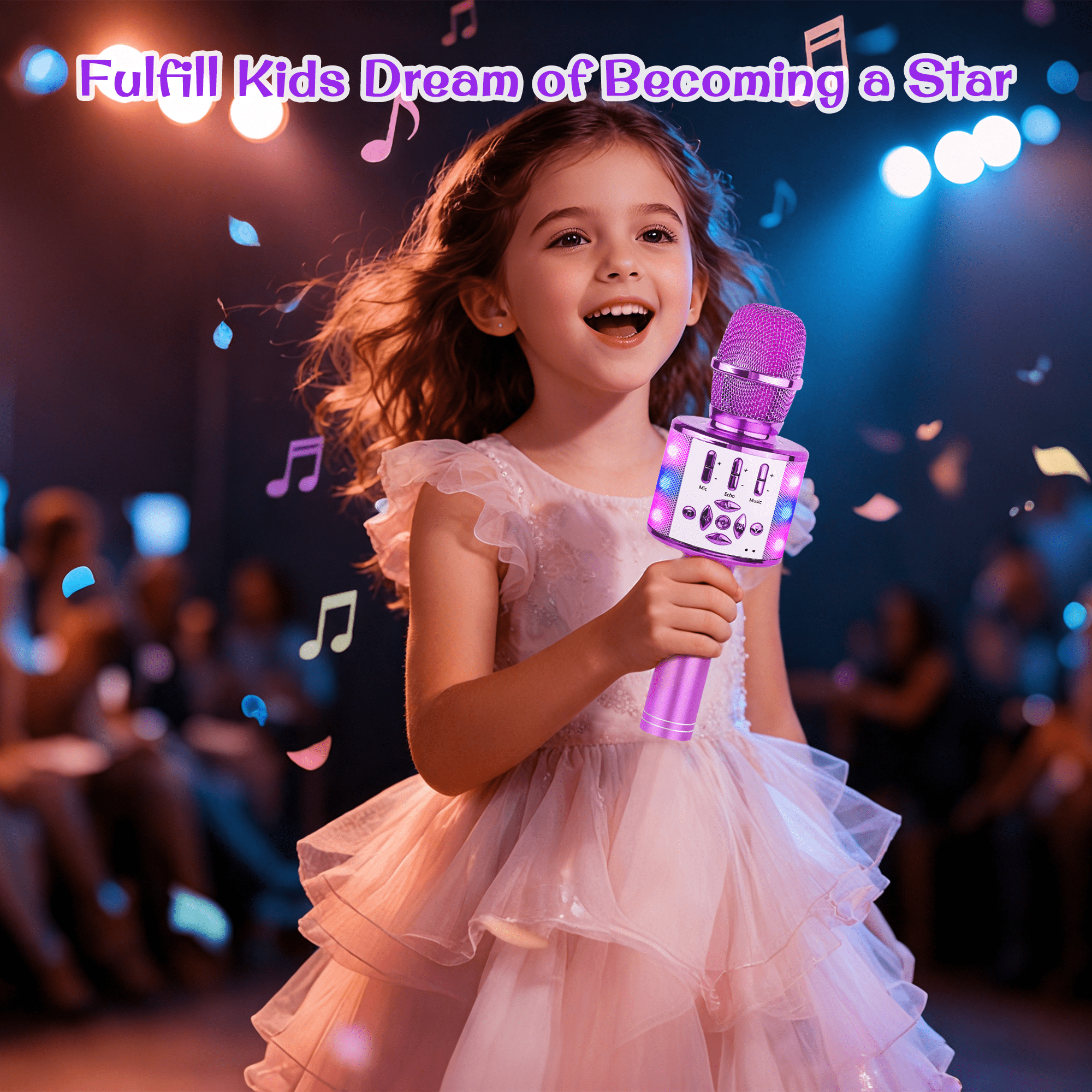 Bonaok Bluetooth Wireless Karaoke Microphone, Portable Handheld Karaoke Machine with LED Lights, Bluetooth Microphone Speaker Singing Gift for Kids Adults(Light Purple)