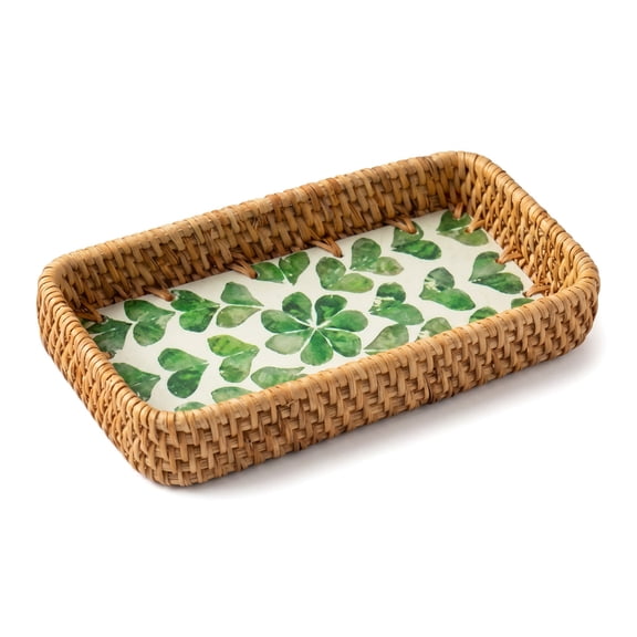 Aemutady Small Rectangle Rattan Woven Serving Tray Basket, Boho Wicker Coffee Table Décor Serving Tray, Handmade Display Basket Tray