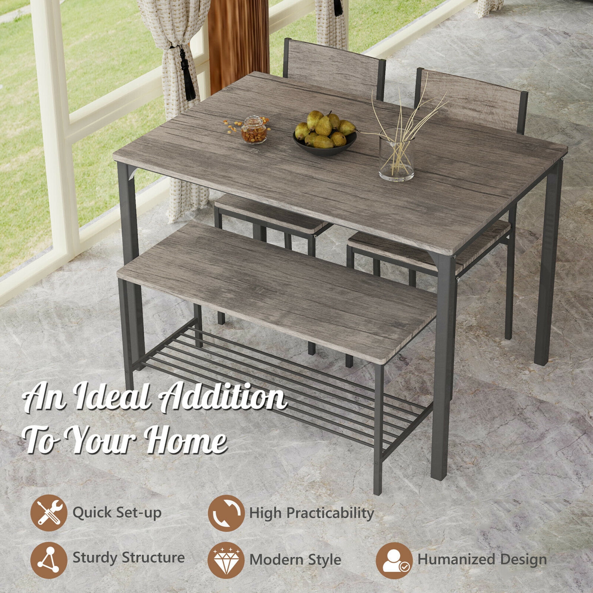 Gymax 4PCS Dining Table Set Rustic Desk 2 Chairs & Bench w/ Storage Rack Grey