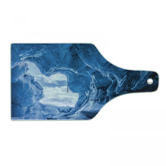 Natural Cave Cutting Board, Glacier Frozen Chilled Den in Iceland Natural Odd Forms Nordic Scandinavian Image, Tempered Glass Cutting and Serving Board, Wine Bottle Shape, Blue, by Ambesonne