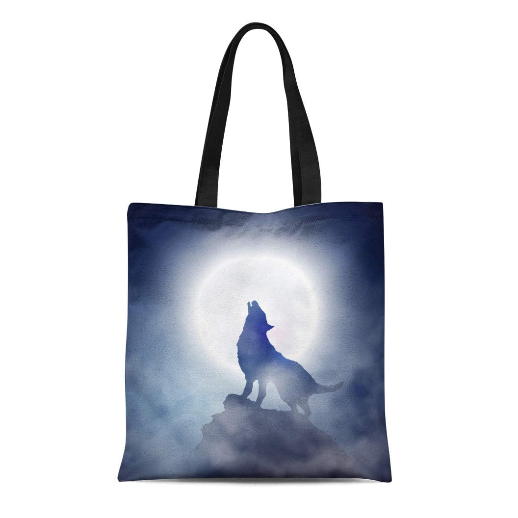 LADDKE Canvas Tote Bag Blue Werewolf Wolf Howling at the Moon Fog