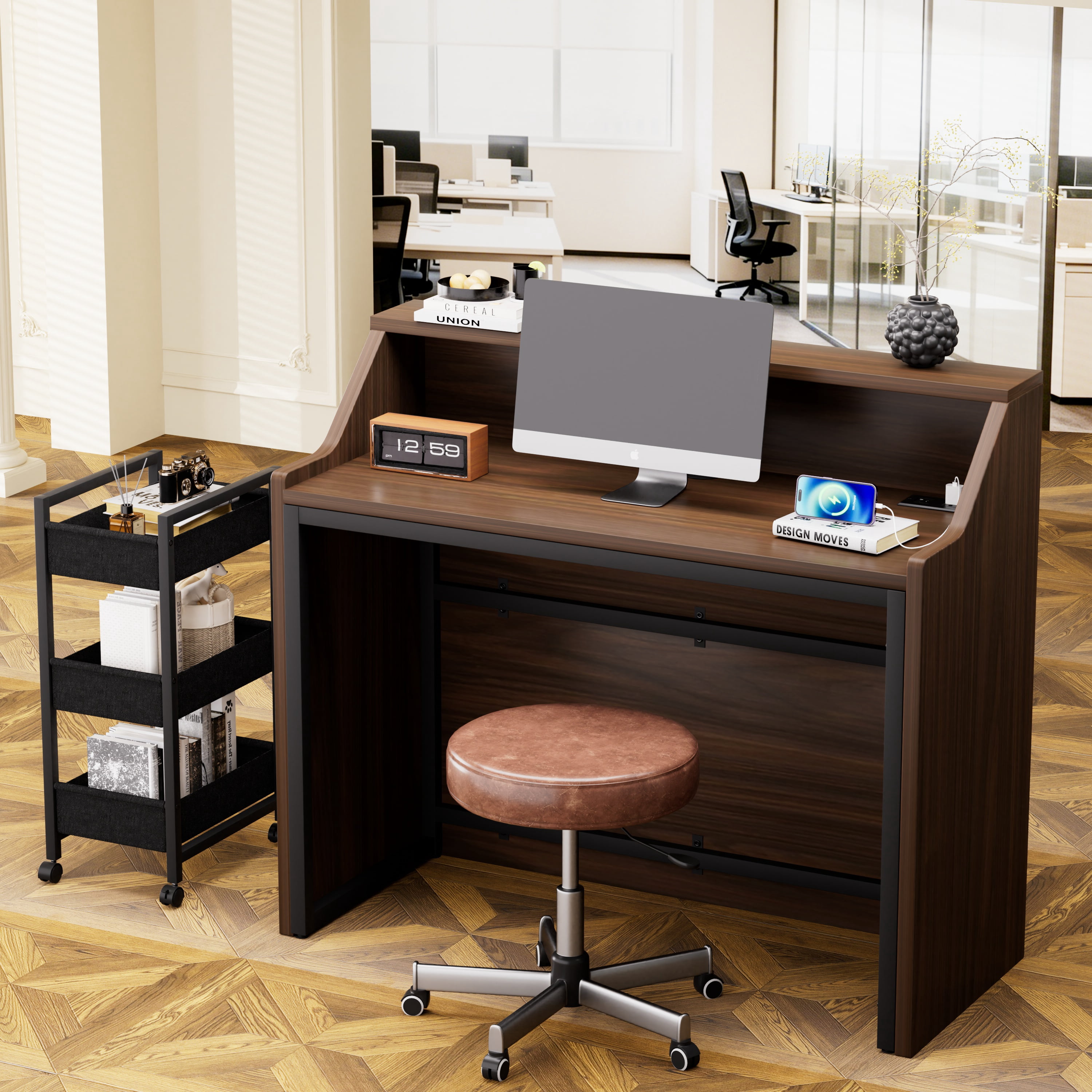 Astoutdoor 46.5 in Reception Desk with Storage Cabinet, Front Desk, Retail Checkout Counter, Walnut+Black