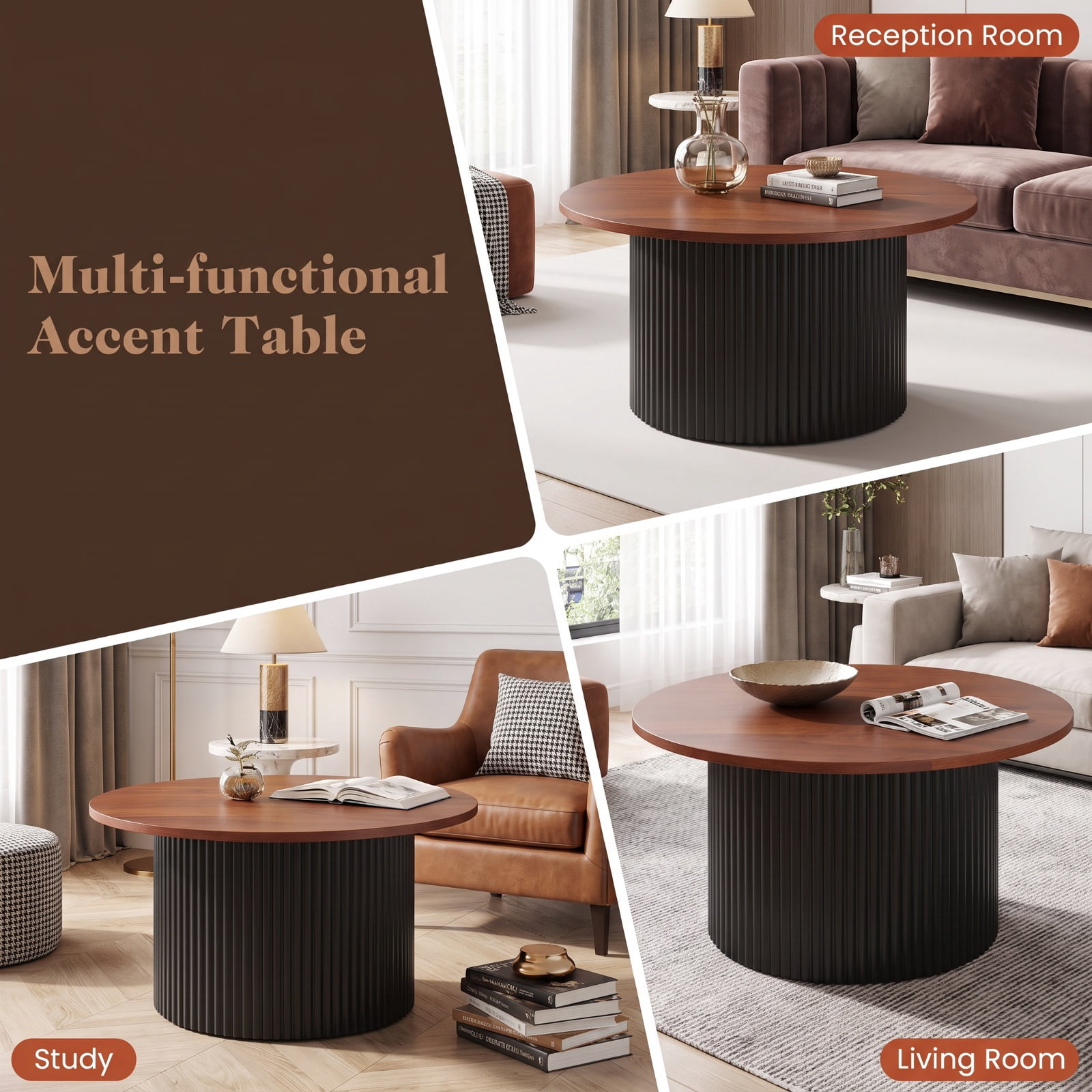 Furnibear Round Coffee Table with Solid Wood Frame and Wooden Top for Living Room and Reception Room 32 Inch Center Table, Walnut