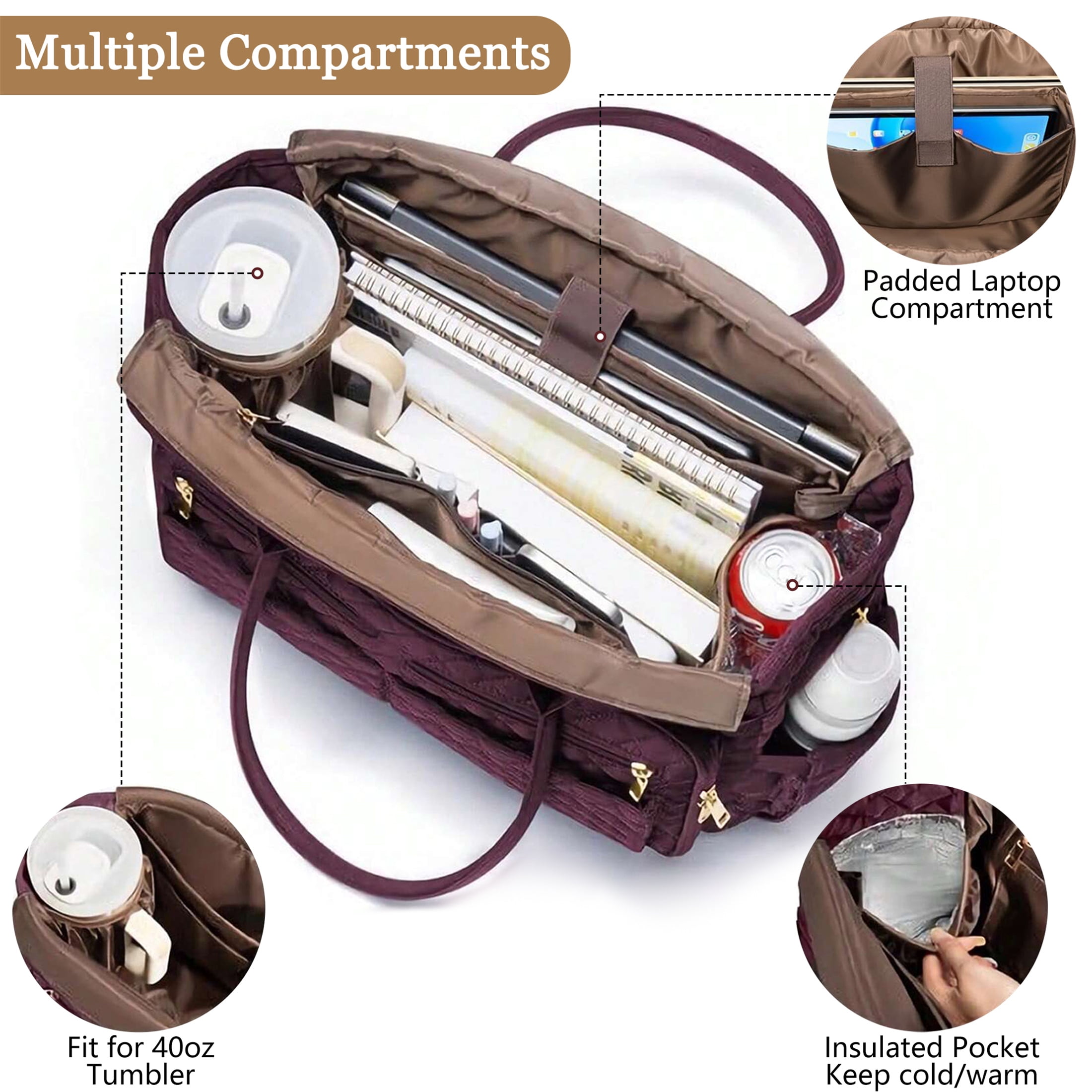 Teacher Tote Bag 15.6 inch Laptop Bag for Women, Work Bags Nurse Bible Bag Quilted Lightweight Laptop Tote Computer Briefcase for School Travel Office College, Burgundy
