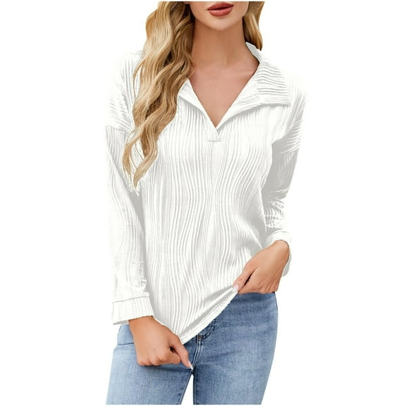 aidice Tops for Women Casual Lapel V Neck Long Sleeve Tee Shirts Fitting Texture Comfy Fall Shirts