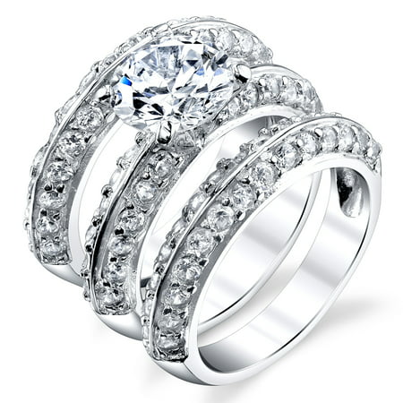 2.00 Carat Round 3 Piece Sterling Silver 925 Engagment Ring Wedding Bridal Set Bands W/Cubic Zirconia