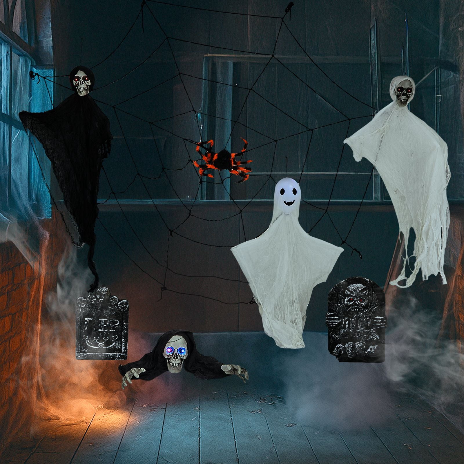 Outdoor Halloween Decorations 8-Piece Set, Hanging Ghosts Decor and Cobweb and Gravestone with Lighted Up Eyes, Scary Swinging Ghost Flying for Yard Patio Lawn Garden
