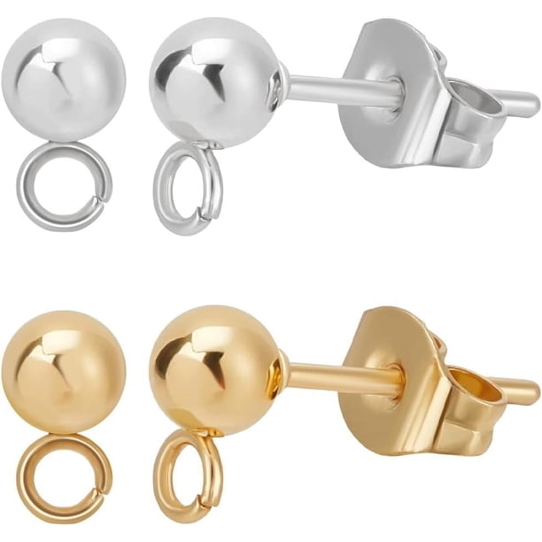 100 piezas de pendientes de bola de 2 colores, chapados en oro de 24 quilates y plata de ley 925, de acero inoxidable 304, con poste redondo y bucle.