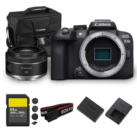 Canon EOS R10 Mirrorless Camera 24.2MP APS-C Sensor 4K Video Dual Pixel AF Compact Lightweight Vlogging Travel Camera (5331C002)   Canon RF 50mm f/1.8 STM Lens   64GB Card   Canon Bag