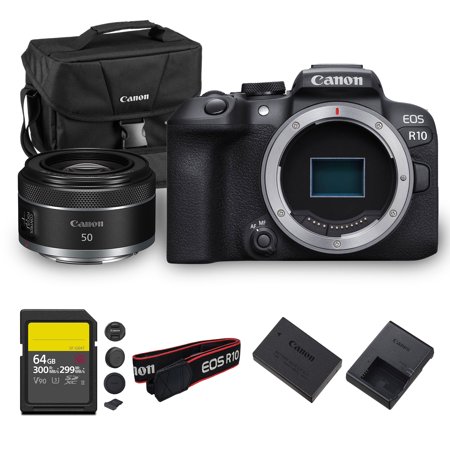 Canon EOS R10 Mirrorless Camera 24.2MP APS-C Sensor 4K Video Dual Pixel AF Compact Lightweight Vlogging Travel Camera (5331C002) + Canon RF 50mm f/1.8 STM Lens + 64GB Card + Canon Bag