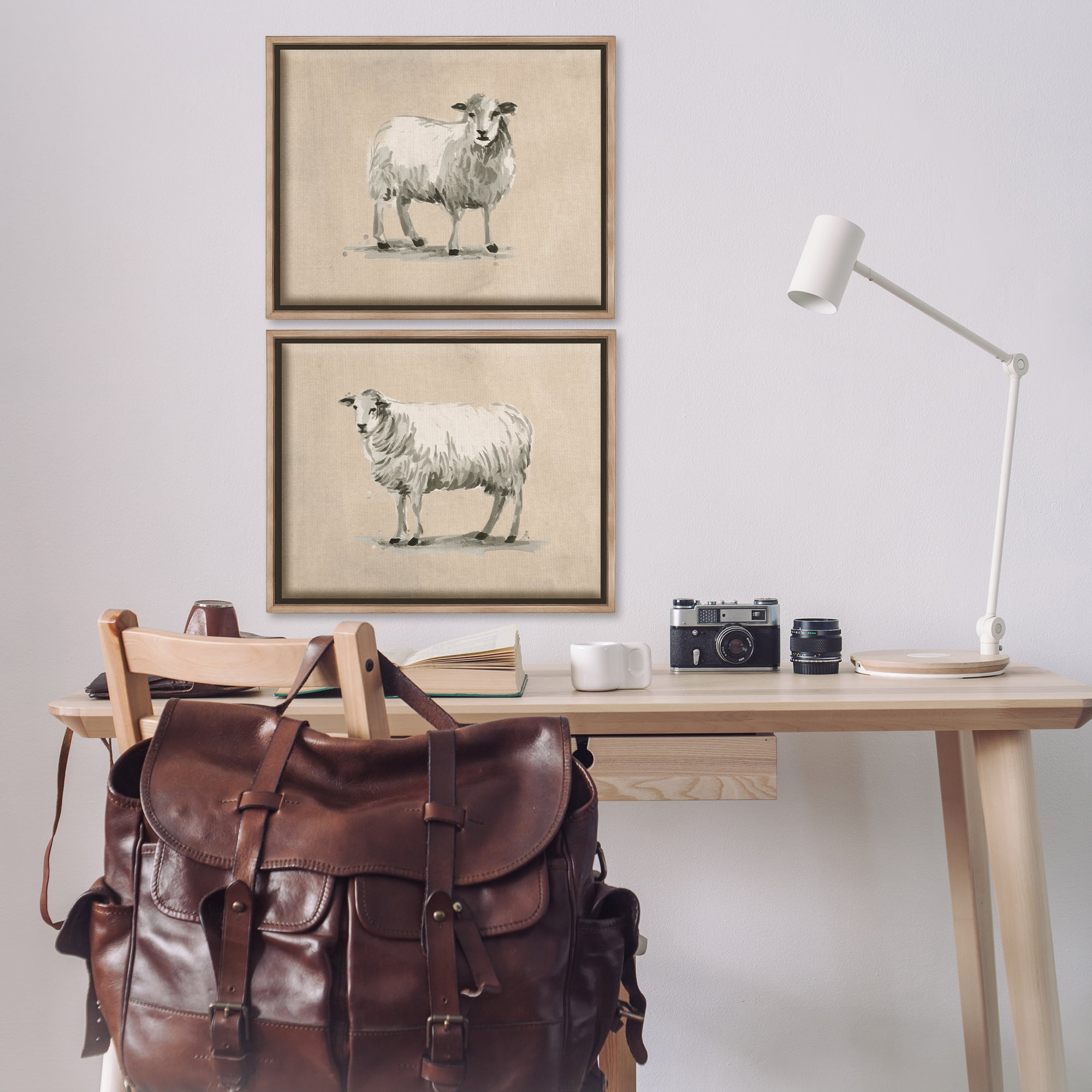 Stupell Industries Beige Sheep Portrait Animals Painting Brown Floater Framed Canvas Art Print Wall Art, 21 x 17, Set of 2