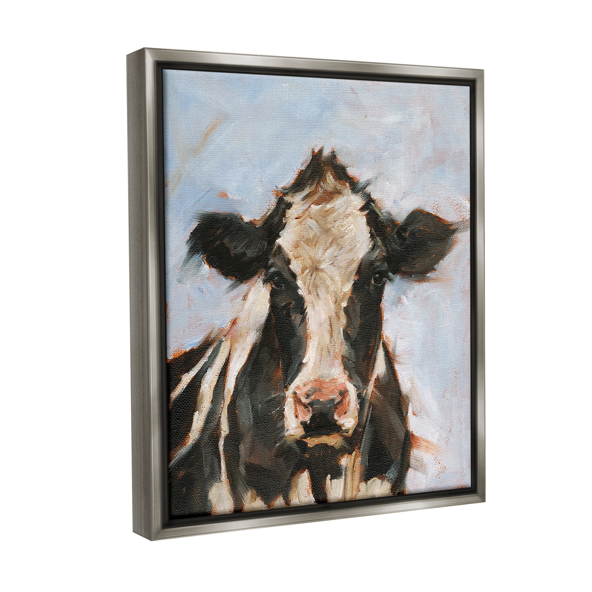 Stupell Industries Expressive Cow Portrait Animals & Insects Painting Gray Floater Framed Canvas Art Print Wall Art, 17 x 21